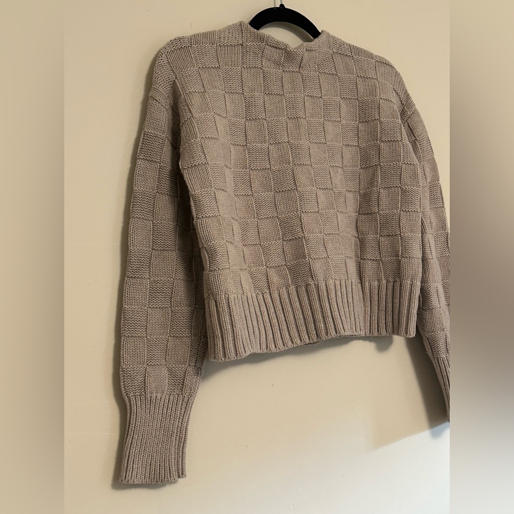 STAUD Checkerboard Knit Cardigan Sweater Size Small Cropped Taupe Wool Blend - Picture 3 of 6